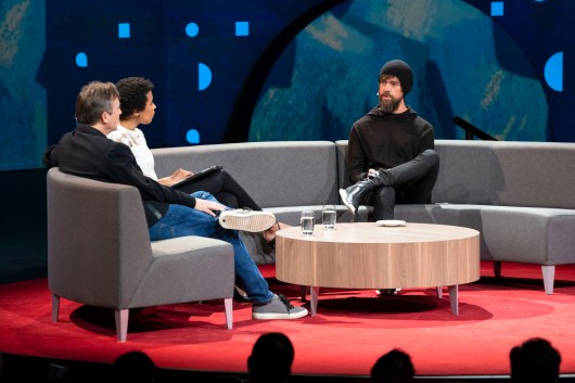 Hosts Chris Anderson and Whitney Pennington Rodgers speak with Jack Dorsey at TED2019